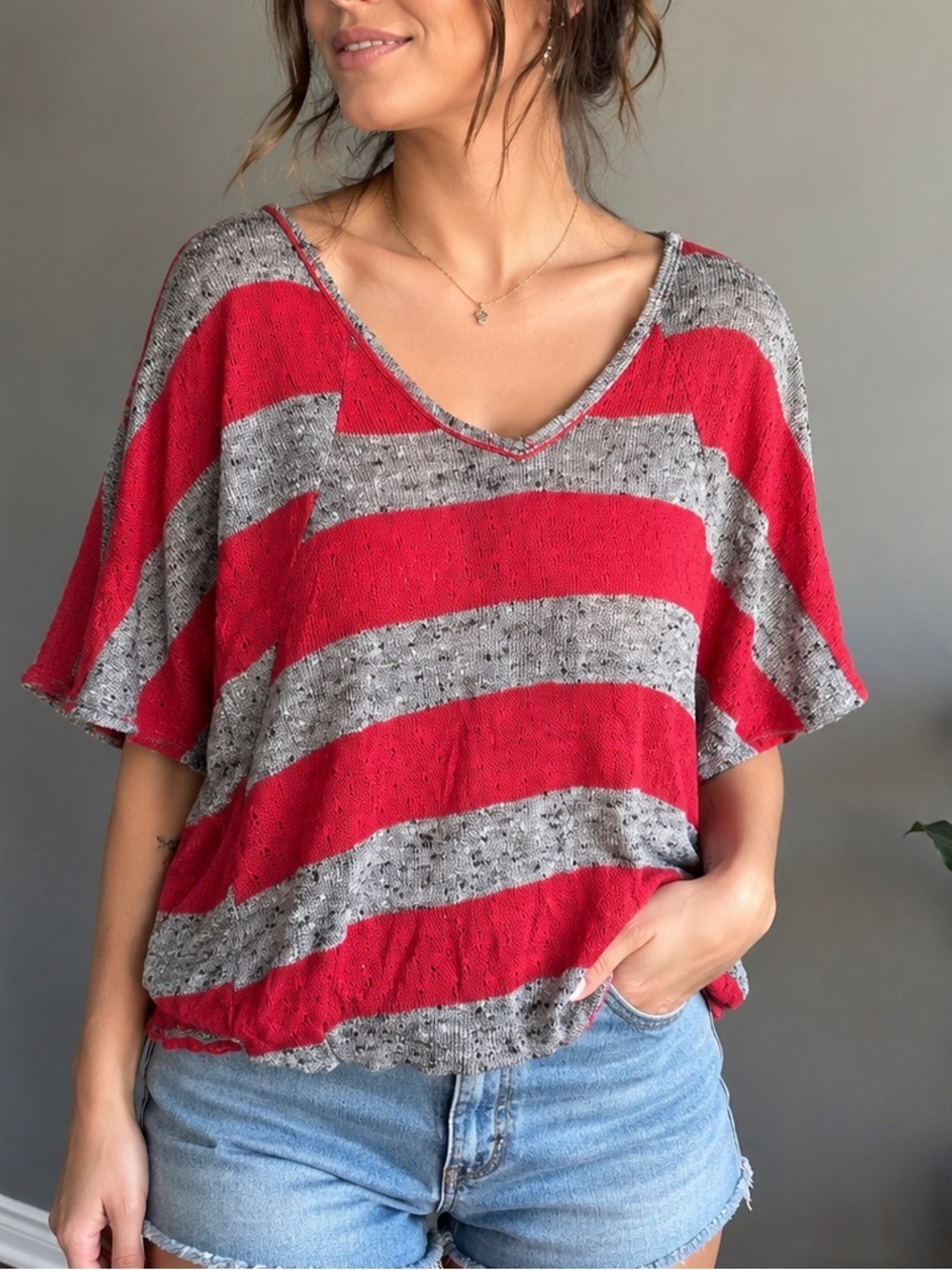 Agenda Red & Gray Striped Dolman Sleeve Knit Top Size Large